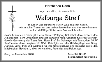 Traueranzeige von Walburga Streif von Allgäuer Zeitung, Füssen