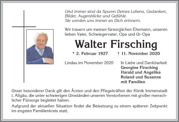 Traueranzeige von Walter Firsching von Allgäuer Anzeigeblatt