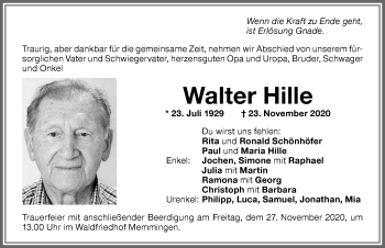 Traueranzeige von Walter Hille von Memminger Zeitung