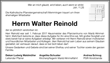 Traueranzeige von Walter Reinold von Memminger Zeitung