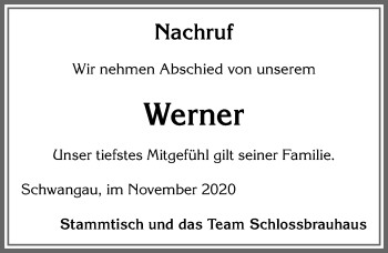 Traueranzeige von Werner  von Allgäuer Zeitung, Füssen