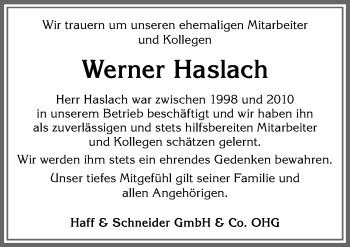 Traueranzeige von Werner Haslach von Allgäuer Zeitung, Füssen