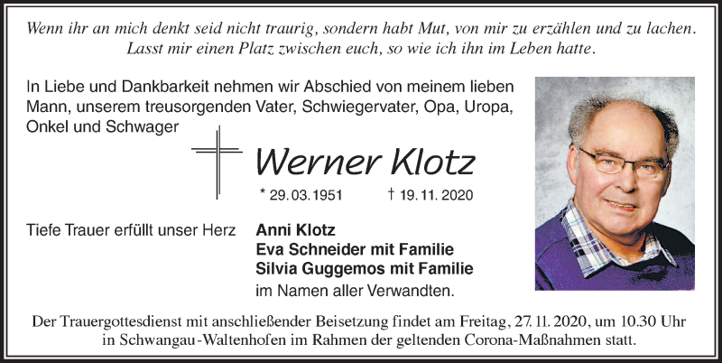  Traueranzeige für Werner Klotz vom 25.11.2020 aus Allgäuer Zeitung, Füssen