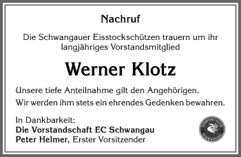 Traueranzeige von Werner Klotz von Allgäuer Zeitung, Füssen