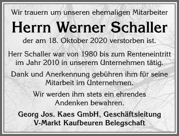 Traueranzeige von Werner Schaller von Allgäuer Zeitung