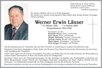Traueranzeige von Werner Erwin Lässer von Allgäuer Zeitung, Kaufbeuren/Buchloe