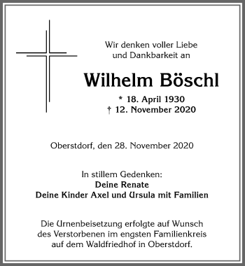 Traueranzeige von Wilhelm Böschl von Allgäuer Anzeigeblatt