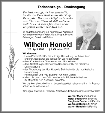 Traueranzeige von Wilhelm Honold von Memminger Zeitung