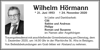 Traueranzeige von Wilhelm Hörmann von Allgäuer Zeitung,Kempten