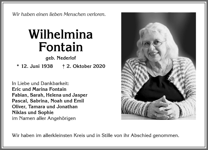  Traueranzeige für Wilhelmina Fontain vom 07.11.2020 aus Allgäuer Anzeigeblatt