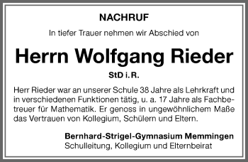 Traueranzeige von Wolfgang Rieder von Memminger Zeitung
