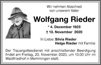 Traueranzeige von Wolfgang Rieder von Memminger Zeitung