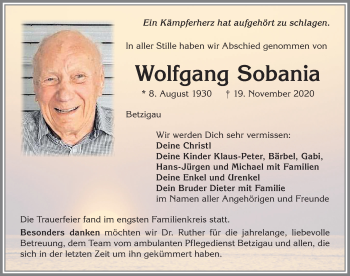 Traueranzeige von Wolfgang Sobania von Allgäuer Zeitung,Kempten