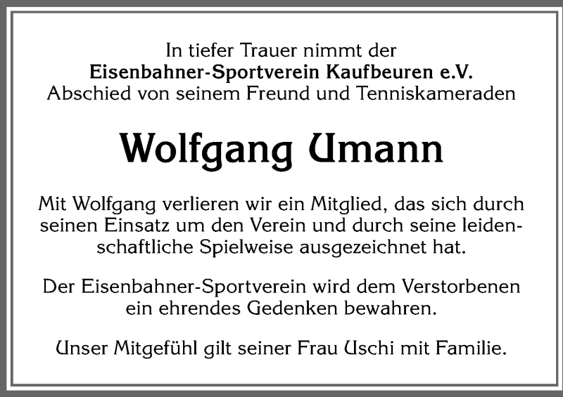  Traueranzeige für Wolfgang Umarm vom 07.11.2020 aus Allgäuer Zeitung, Kaufbeuren/Buchloe