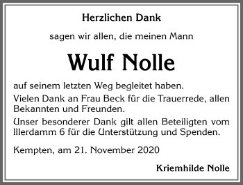 Traueranzeige von Wulf Nolle von Allgäuer Zeitung,Kempten