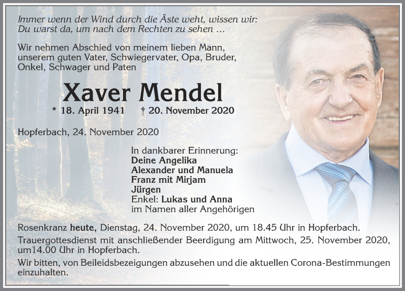  Traueranzeige für Xaver Mendel vom 24.11.2020 aus Allgäuer Zeitung
