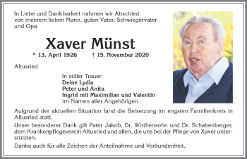 Traueranzeige von Xaver Münst von Allgäuer Zeitung,Kempten