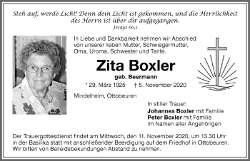 Traueranzeige von Zita Boxler von Memminger Zeitung