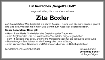 Traueranzeige von Zita Boxler von Memminger Zeitung
