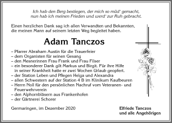 Traueranzeige von Adam Tanczos von Allgäuer Zeitung, Kaufbeuren/Buchloe