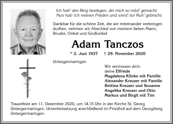 Traueranzeige von Adam Tanczos von Allgäuer Zeitung, Kaufbeuren/Buchloe