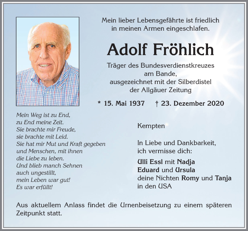  Traueranzeige für Adolf Fröhlich vom 31.12.2020 aus Allgäuer Zeitung