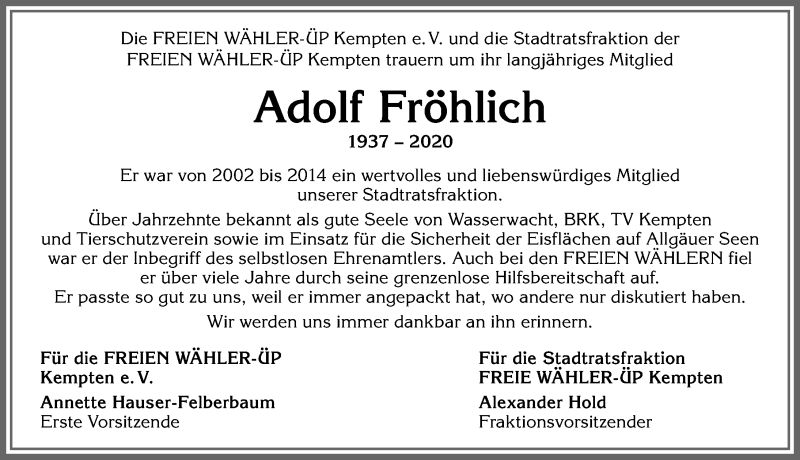  Traueranzeige für Adolf Fröhlich vom 31.12.2020 aus Allgäuer Zeitung,Kempten