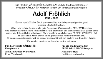 Traueranzeige von Adolf Fröhlich von Allgäuer Zeitung,Kempten