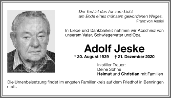 Traueranzeige von Adolf Jeske von Memminger Zeitung