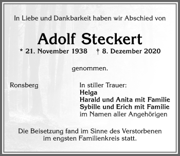 Traueranzeige von Adolf Steckert von Allgäuer Zeitung, Marktoberdorf