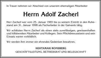 Traueranzeige von Adolf Zacherl von Allgäuer Zeitung