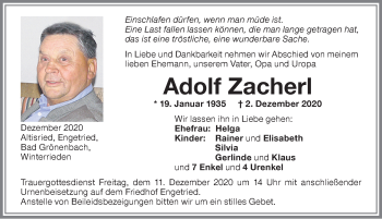Traueranzeige von Adolf Zacherl von Memminger Zeitung