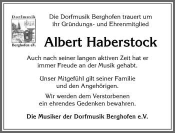 Traueranzeige von Albert Haberstock von Allgäuer Anzeigeblatt
