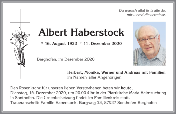Traueranzeige von Albert Haberstock von Allgäuer Anzeigeblatt