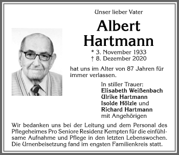 Traueranzeige von Albert Hartmann von Allgäuer Zeitung,Kempten