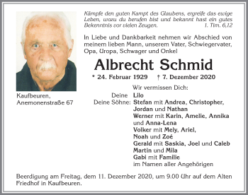 Traueranzeige von Albrecht Schmid von Allgäuer Zeitung, Kaufbeuren/Buchloe