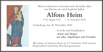 Traueranzeige von Alfons Heim von Der Westallgäuer