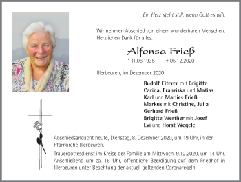 Traueranzeige von Alfonsa Frieß von Memminger Zeitung