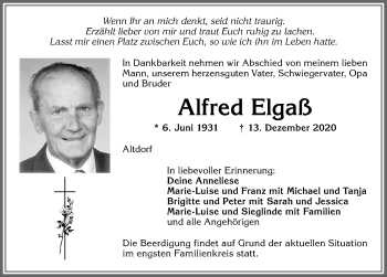 Traueranzeige von Alfred Elgaß von Allgäuer Zeitung, Marktoberdorf