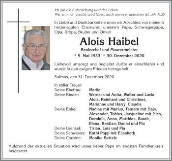 Traueranzeige von Alois Haibel von Allgäuer Zeitung