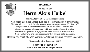 Traueranzeige von Alois Haibel von Allgäuer Anzeigeblatt