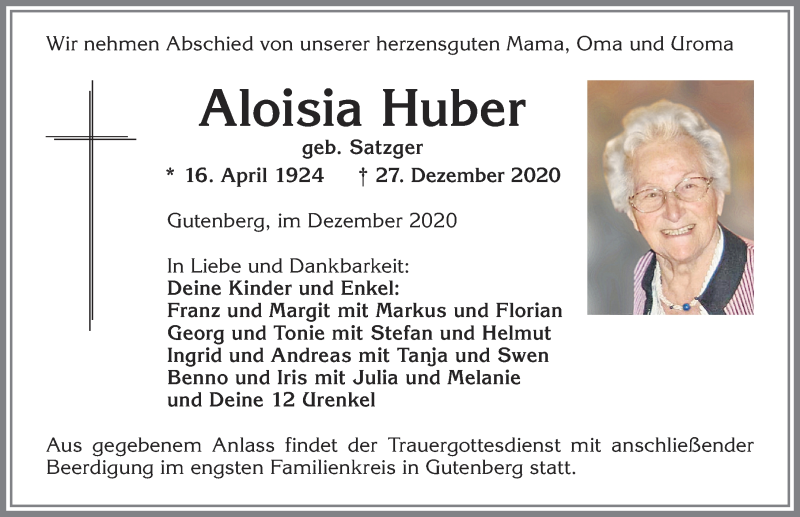  Traueranzeige für Aloisia Huber vom 29.12.2020 aus Allgäuer Zeitung, Kaufbeuren/Buchloe