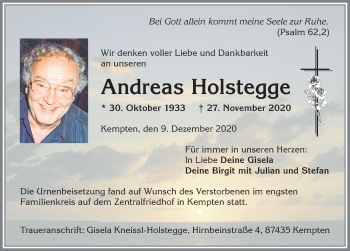 Traueranzeige von Andreas Holstegge von Allgäuer Zeitung,Kempten
