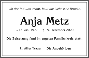 Traueranzeige von Anja Metz von Allgäuer Zeitung