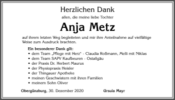 Traueranzeige von Anja Metz von Allgäuer Zeitung