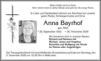 Traueranzeige von Anna Bayrhof von Allgäuer Zeitung, Marktoberdorf
