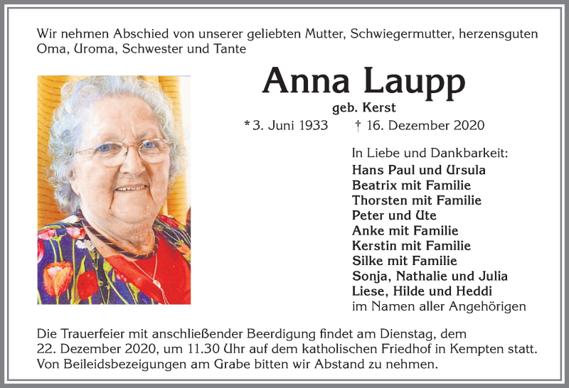  Traueranzeige für Anna Laupp vom 19.12.2020 aus Allgäuer Zeitung,Kempten