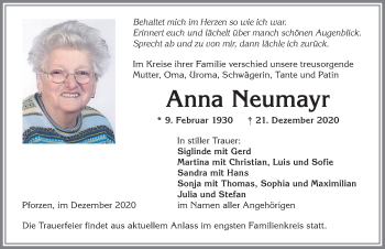 Traueranzeige von Anna Neumayr von Allgäuer Zeitung, Kaufbeuren/Buchloe