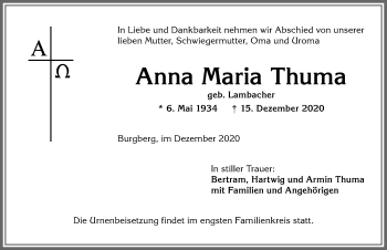 Traueranzeige von Anna Maria Thuma von Allgäuer Anzeigeblatt
