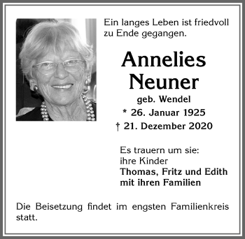 Traueranzeige von Annelies Neuner von Allgäuer Zeitung,Kempten
